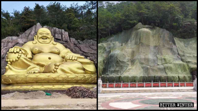 La estatua de Maitreya antes y después de ser "rectificada".
