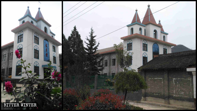 La iglesia católica en la villa de Guchuan antes y después de que sus cruces fueran quitadas.