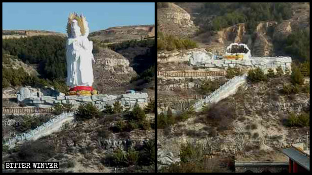 La estatua de “Kwan Yin de los tres rostros” antes y después de ser demolida.