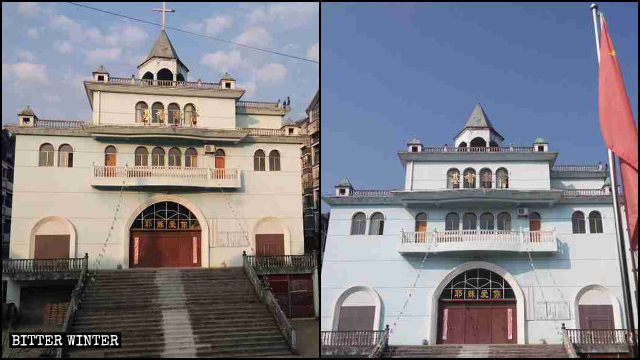 La Iglesia de la Gracias antes y después de que su cruz fuera demolida.