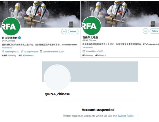 Izquierda, la cuenta real de Twitter de Radio Asia Libre, derecha, la cuenta falsa del PCCh, abajo, Twitter tomó medidas.