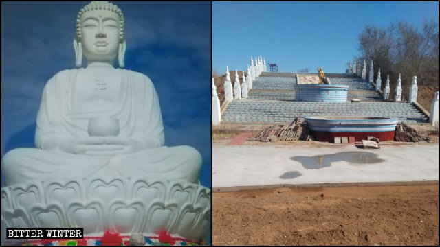 La estatua de Buda que se encontraba situada en el Templo de Qingyun antes y después de ser demolida.