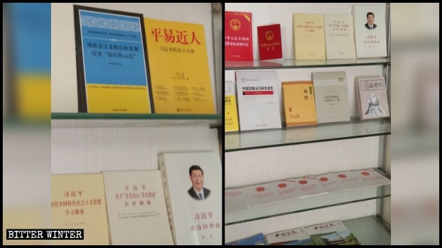 Libros que promueven los discursos de Xi Jinping en un lugar de reunión emplazado en el distrito de Zhenxing.