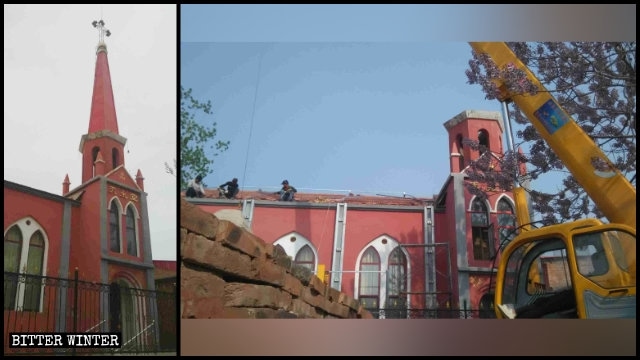 Una iglesia de las Tres Autonomías emplazada en el condado de Qiu antes y después de que su cruz fuera retirada por la fuerza.