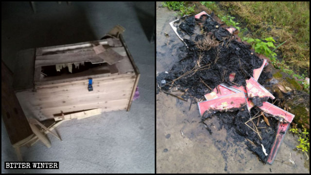 La caja de donativos de la iglesia fue destrozada y quitaron los versos religiosos y los quemaron.