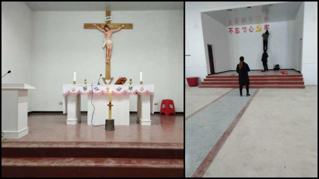 Un crucifijo existente en una iglesia de la diócesis de Yujiang fue reemplazado por una consigna propagandística.