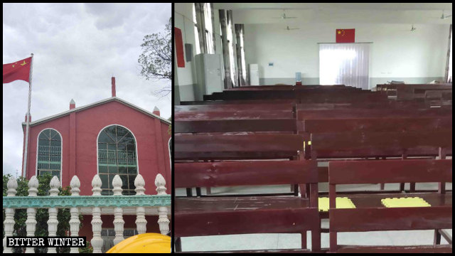Una iglesia de las Tres Autonomías emplazada en la ciudad de Xinyu no tiene cruz, solo la bandera nacional.