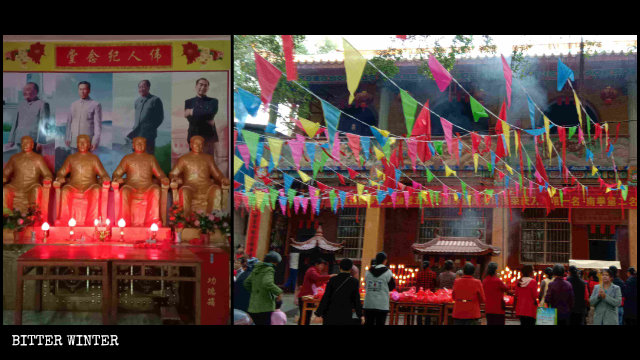 Varias personas están adorando a los "hombres ilustres del PCCh" en el Templo de Tongsheng emplazado en la ciudad de Beiliu de Guangxi.