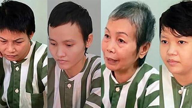 Los cuatro acusados ​​en el juicio de los "cadáveres en el hormigón": desde la izquierda, Huyên, Thảo, la madre de Hà y Hà