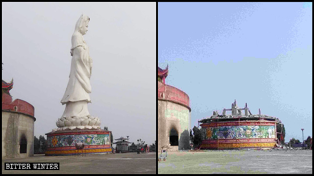 La estatua de Kwan Yin situada en el Templo de Guanghan antes y después de ser demolida.
