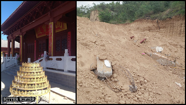 El Templo de Pujing emplazado en el distrito de Baota antes y después de ser demolido.