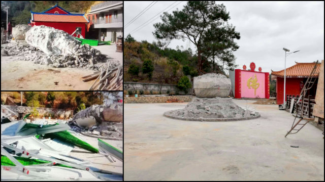 La estatua de “Kwan Yin que derrama gotas de agua” fue destrozada.