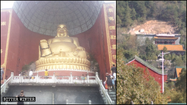 La estatua de Maitreya situada en el Templo de Yongfu antes y después de ser destruida.