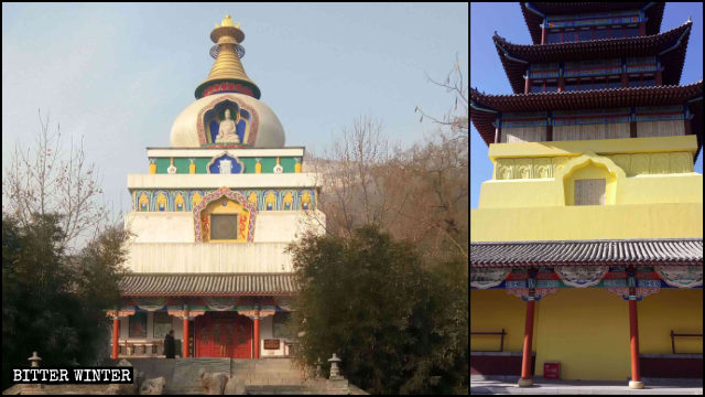 La estupa de Kalachakra antes y después de ser rectificada.