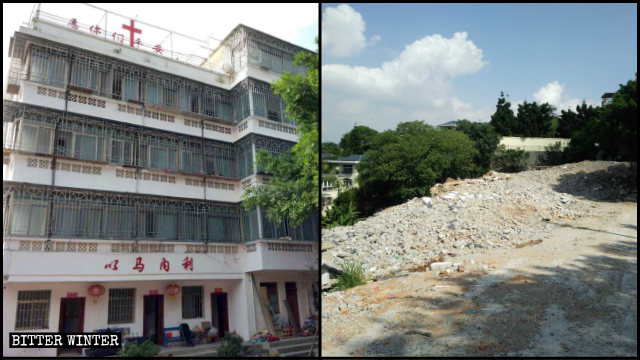 Un hogar de ancianos de 5 pisos emplazado en Gushan fue convertido en ruinas.